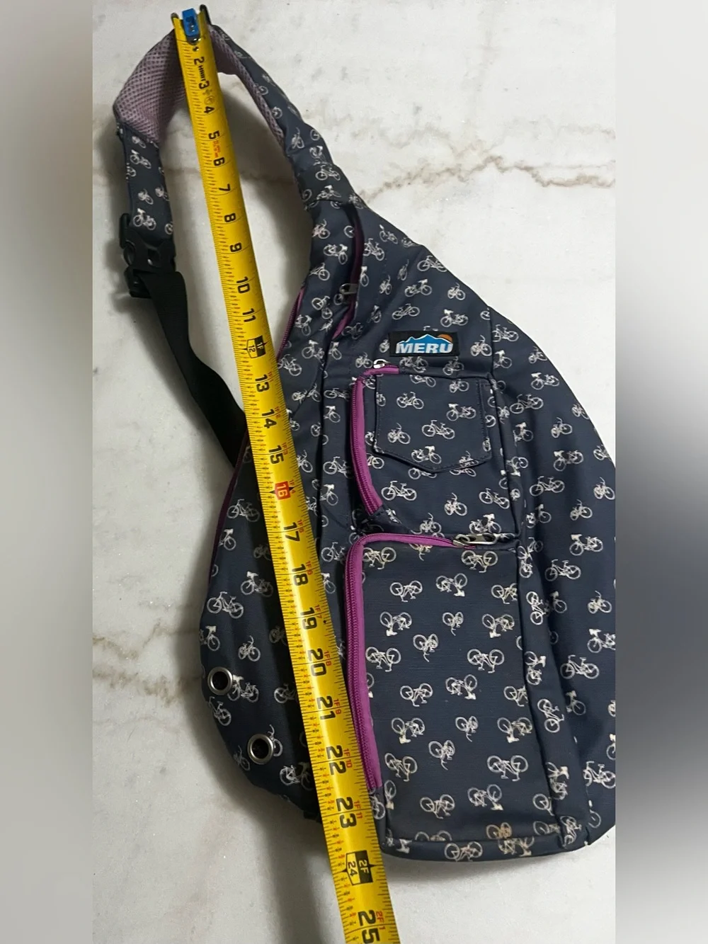Meru Blue Canvas Sling Bag Cute Bicycle Print  Needs Cleaned See Pics.